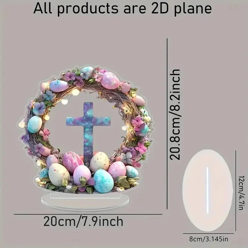 Decorative wreath with cross, eggs, and flowers on a stand with measurements indicated.