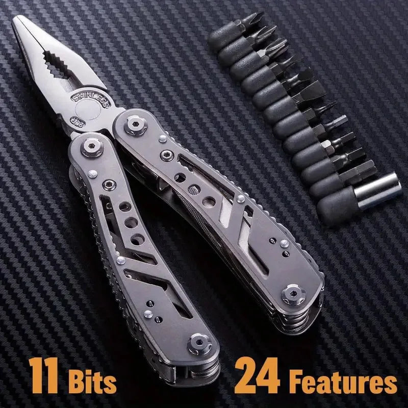 Multitool with interchangeable bits on a dark textured background