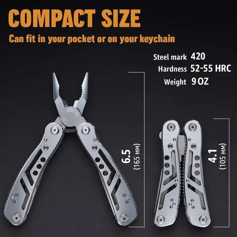 Compact multi-tool with dimensions and specifications on a dark background