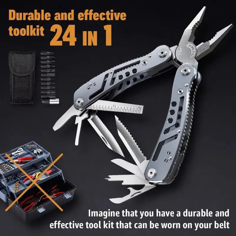 Multitool with various tools and a carrying case on a dark background