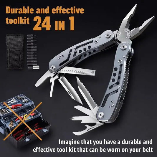 Multitool with various tools and a carrying case on a dark background