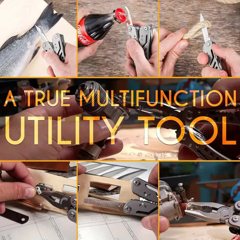 Multifunctional tool being used in various scenarios with text 'A True Multifunction Utility Tool'.