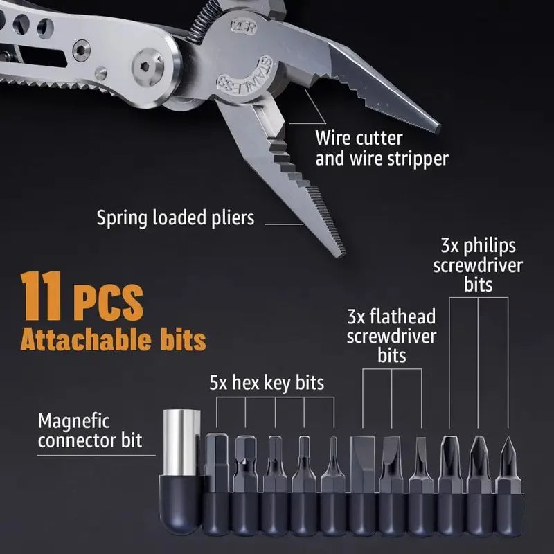 Multitool with attachable bits on a black background