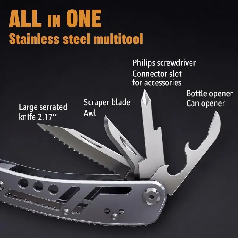 Multitool with various tools on a black background