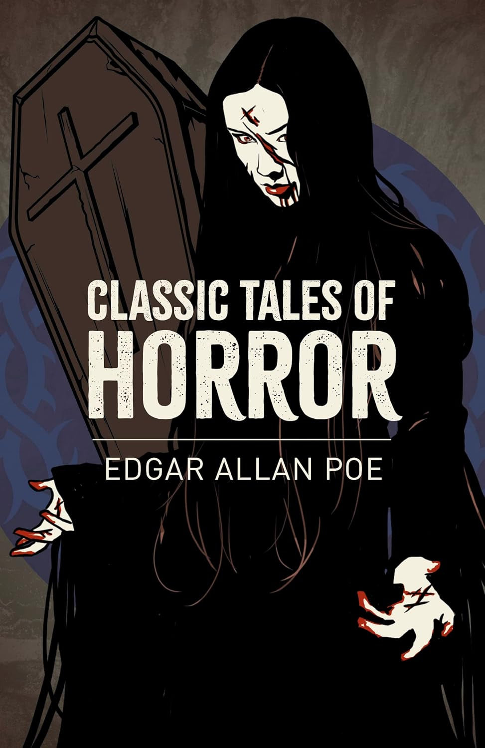 Book cover of 'Classic Tales of Horror' by Edgar Allan Poe from "Edgar Allan Poe Collection: 5-Book Boxed Set" featuring a macabre design of a pale woman and an upright coffin.