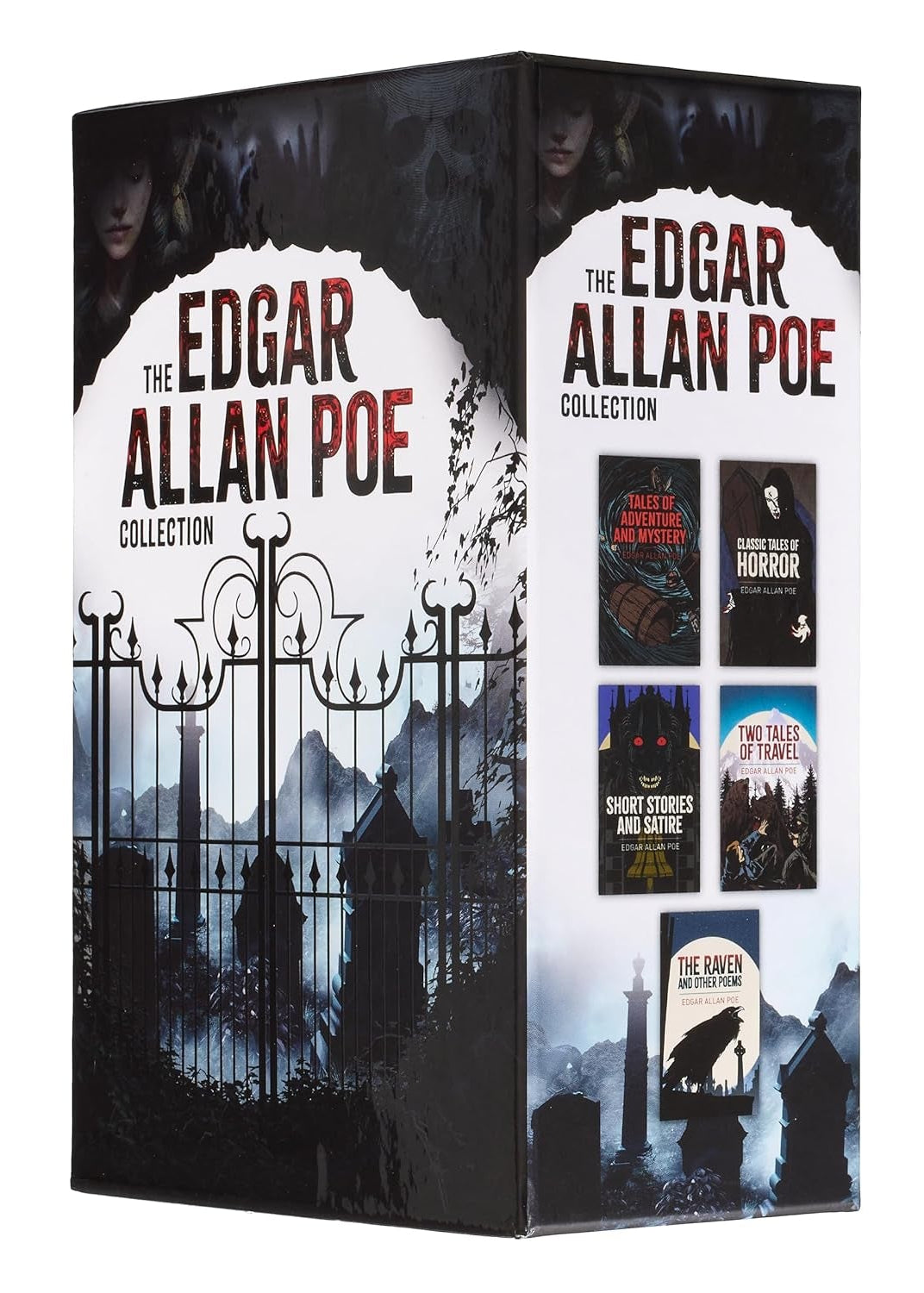 A 5-book boxed set of Edgar Allan Poe's works, with each book having a different color cover, and the set displayed in a vertical orientation.