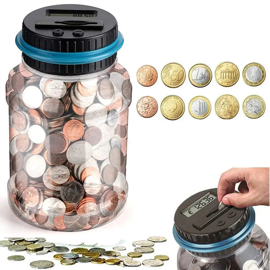 Coin counting jar with digital display and coins around it