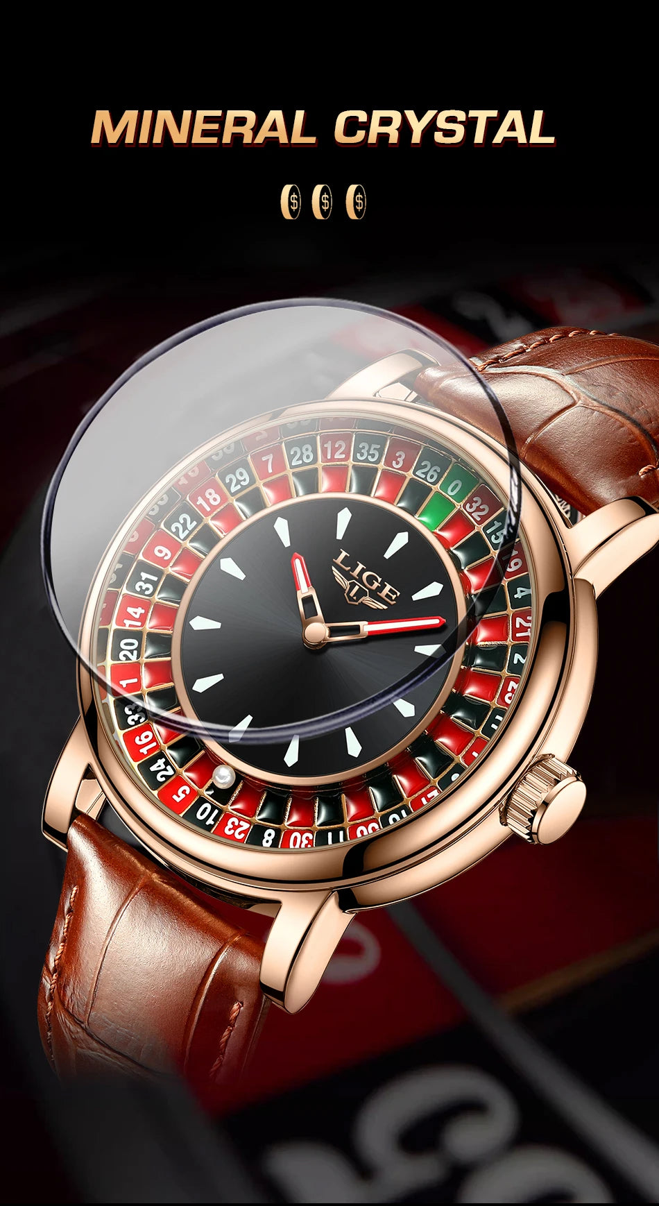 Elegant Men's Casino Wristwatch Roulette Face Watch | Lige Luxury Timepiece Designs