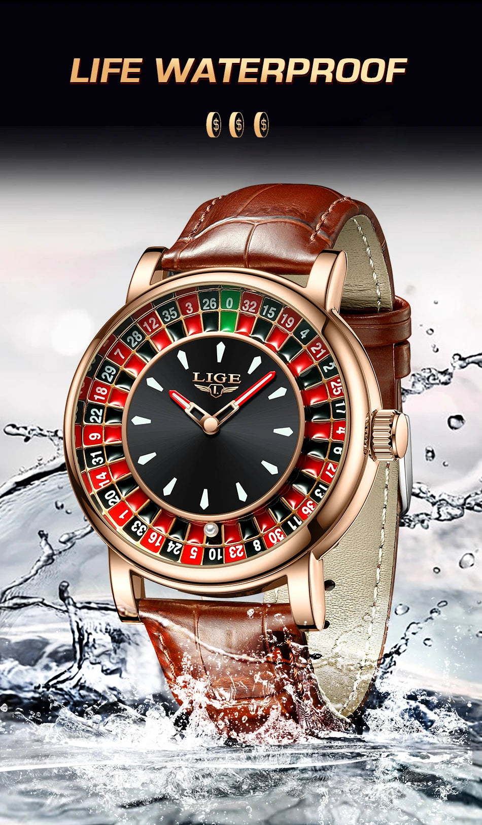 Luxury watch with a unique face design, brown leather strap, and water resistance feature.