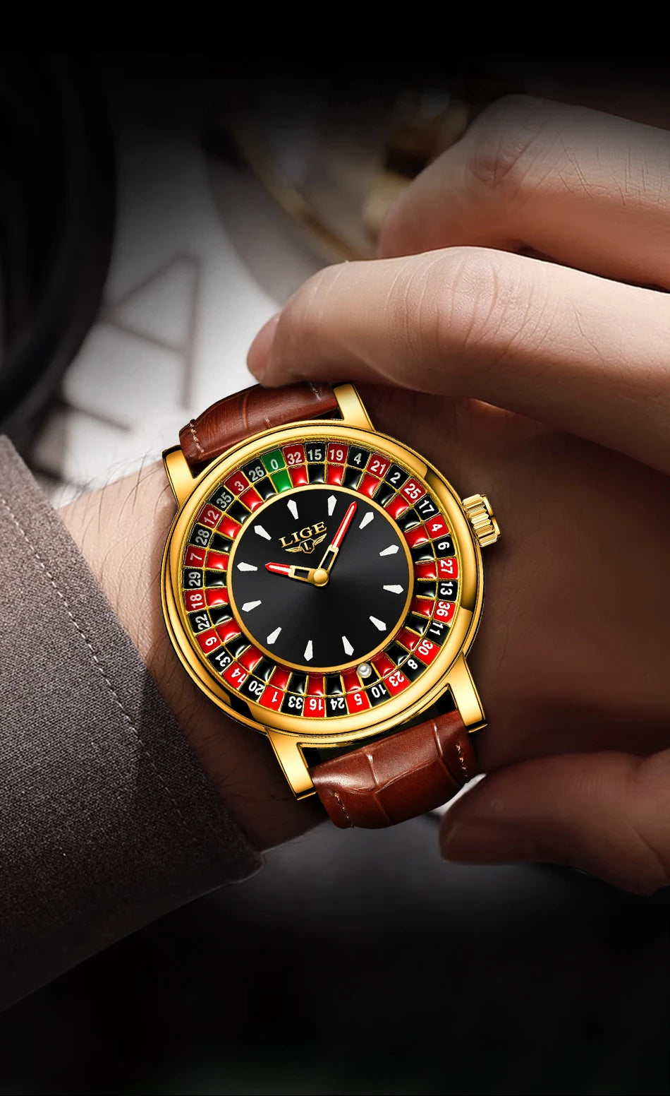 Elegant Men's Casino Wristwatch Roulette Face Watch | Lige Luxury Timepiece Designs