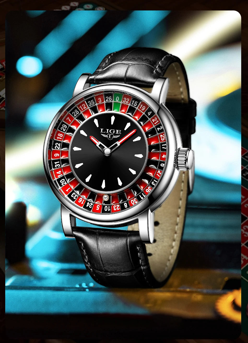 Wristwatch with roulette design on the dial against a colorful background