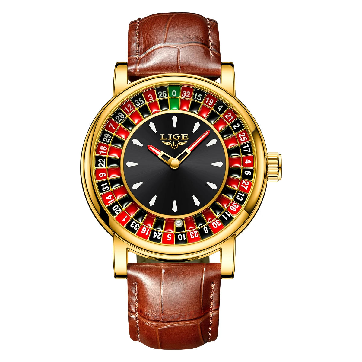 Wristwatch with brown leather strap and roulette design on the dial against a white background