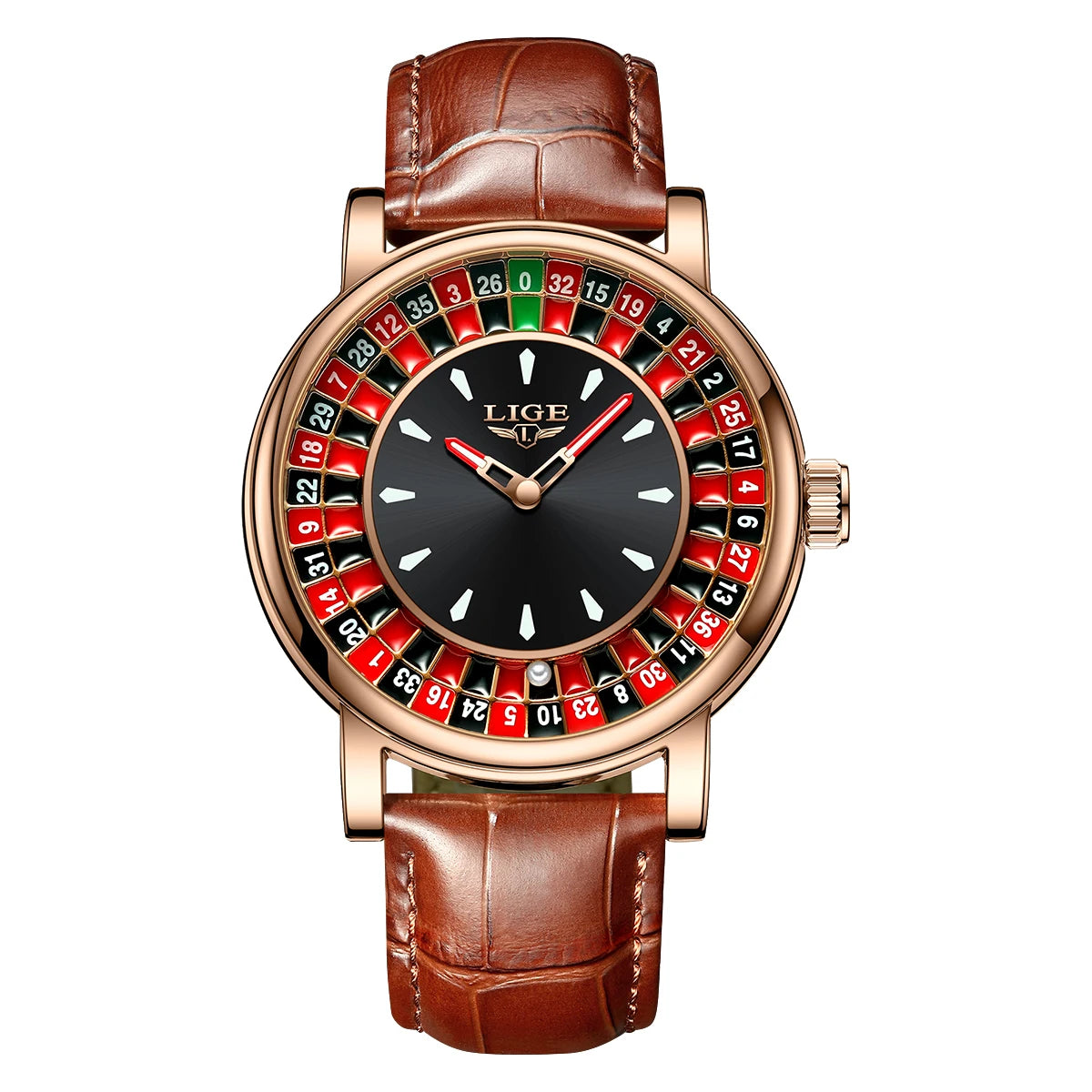 Wristwatch with brown leather strap and colorful roulette design on the dial against a white background