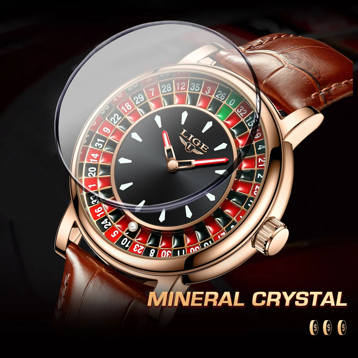 Luxury watch with brown leather strap and rose gold case, featuring a clear mineral crystal screen protector.