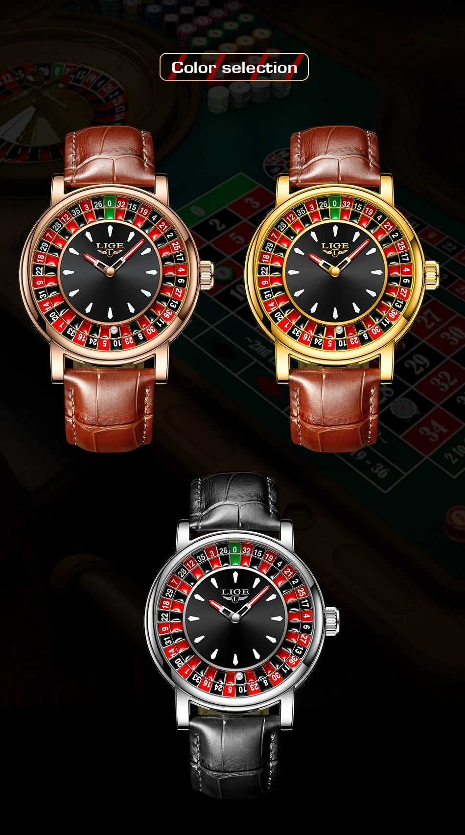 Elegant Men's Casino Wristwatch Roulette Face Watch | Lige Luxury Timepiece Designs