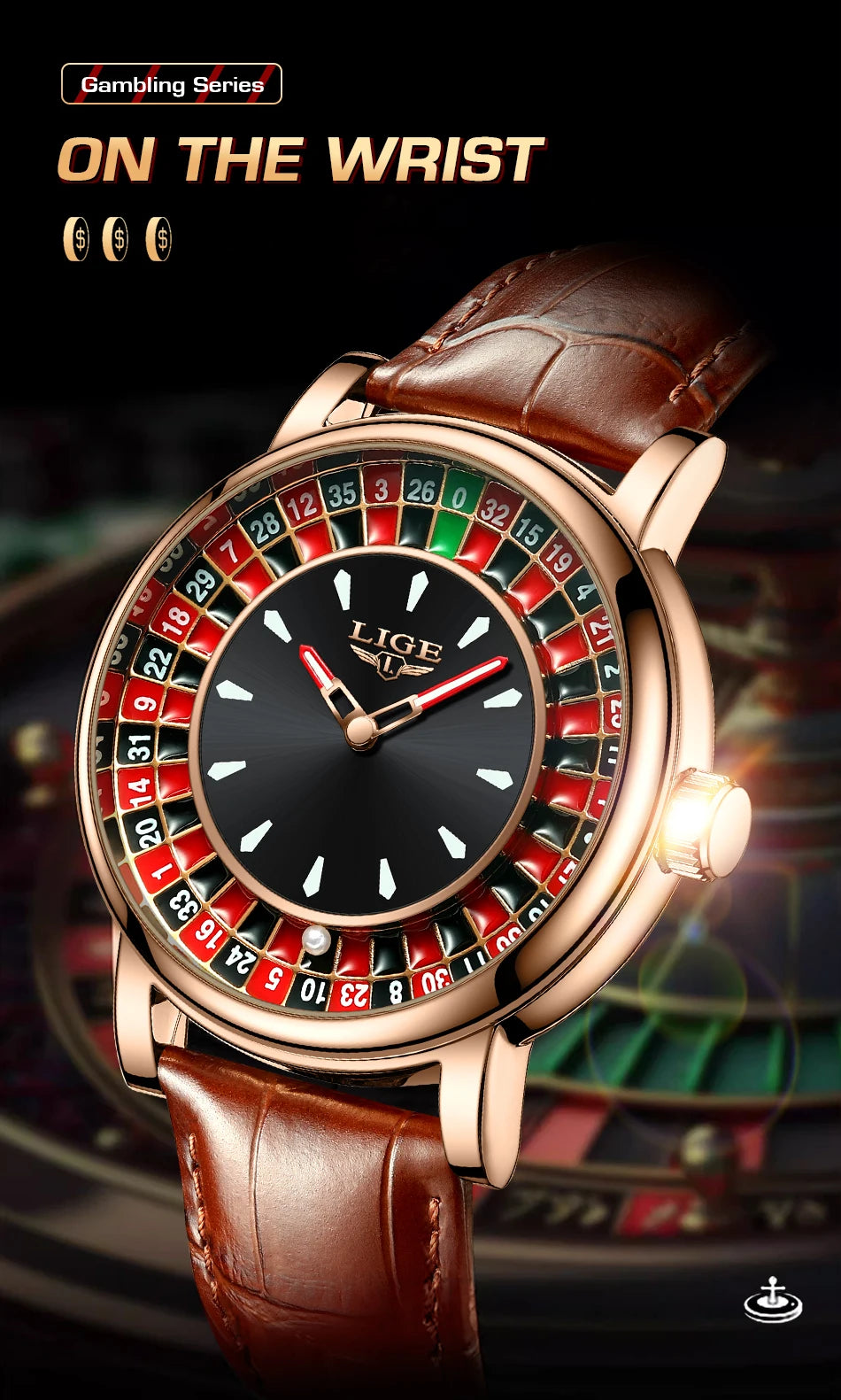 Luxury watch with roulette design on the dial against a blurred casino background