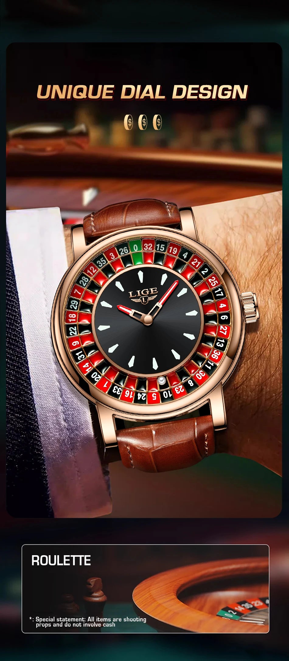 Wristwatch with unique dial design inspired by roulette, displayed on a dark background.