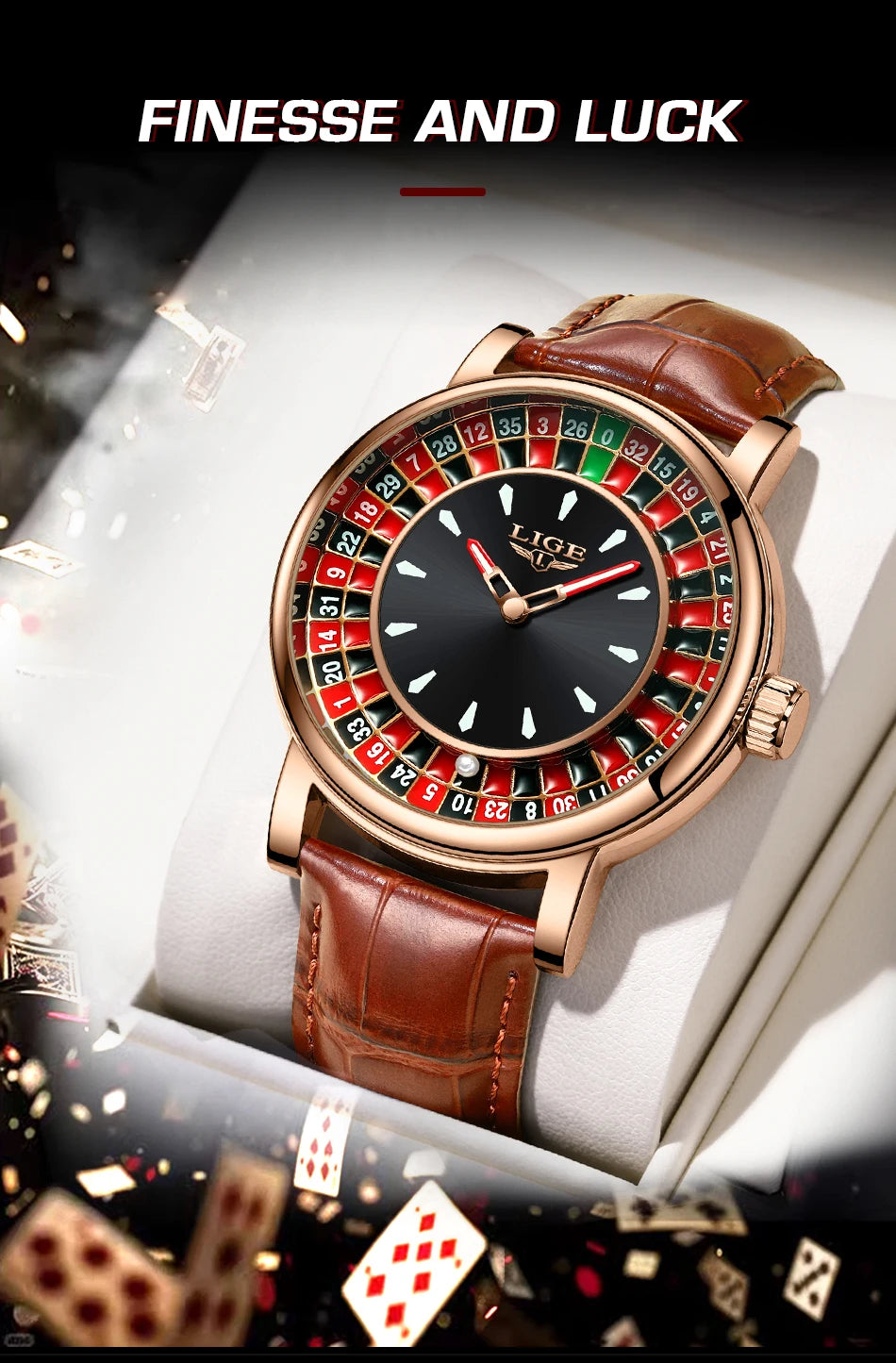 Luxury watch with roulette design on a reflective surface, surrounded by casino-themed elements.