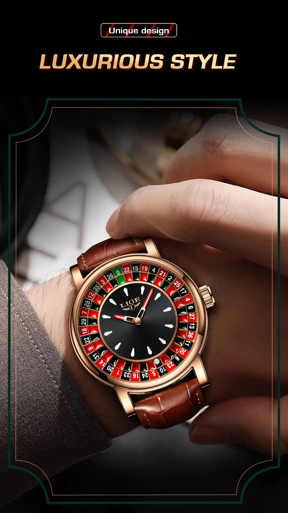 Luxurious watch with unique design held by a hand, text 'Luxurious Style' above.