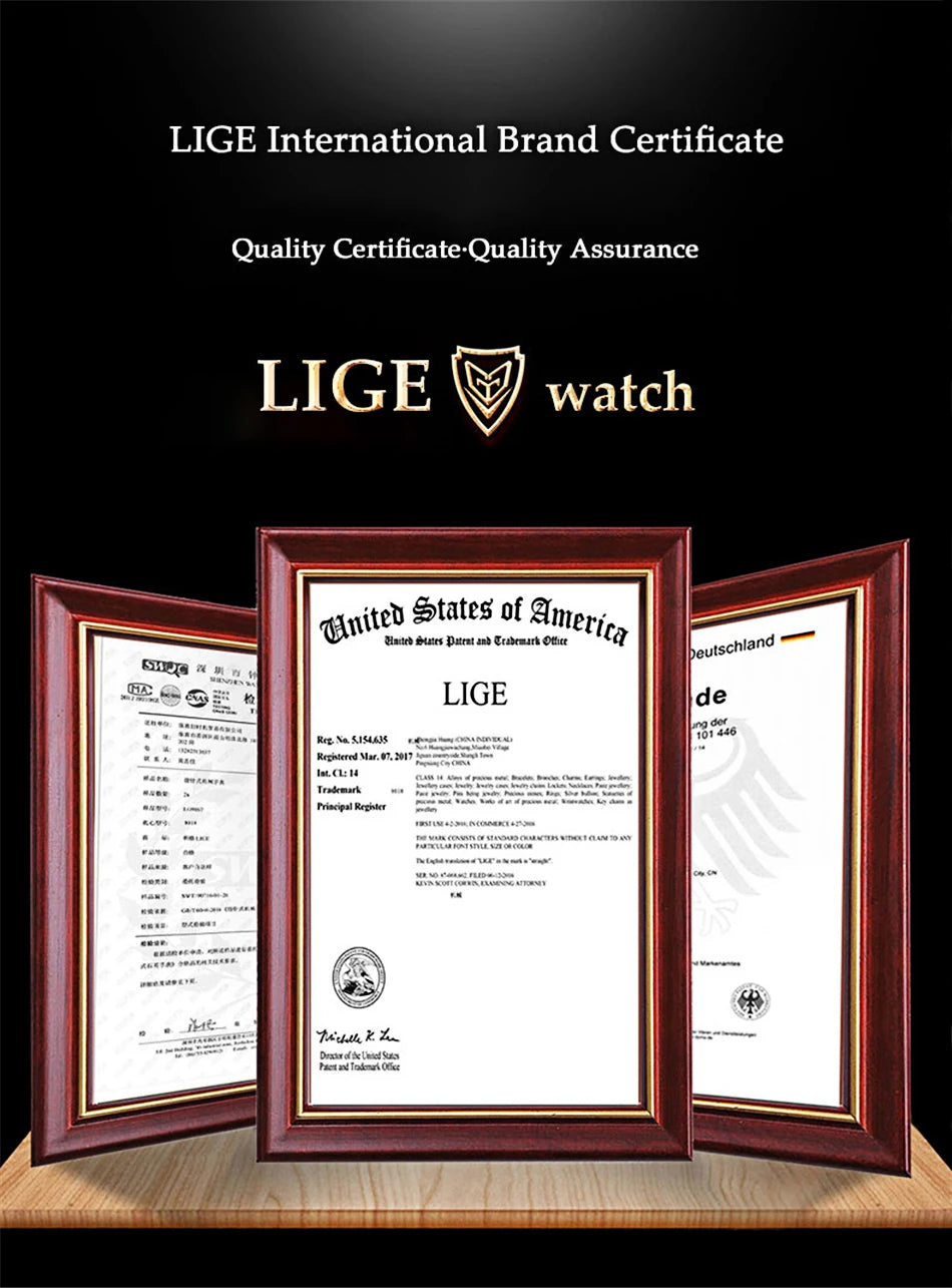 LIGE International Brand Certificate with LIGE watch logo on a dark background