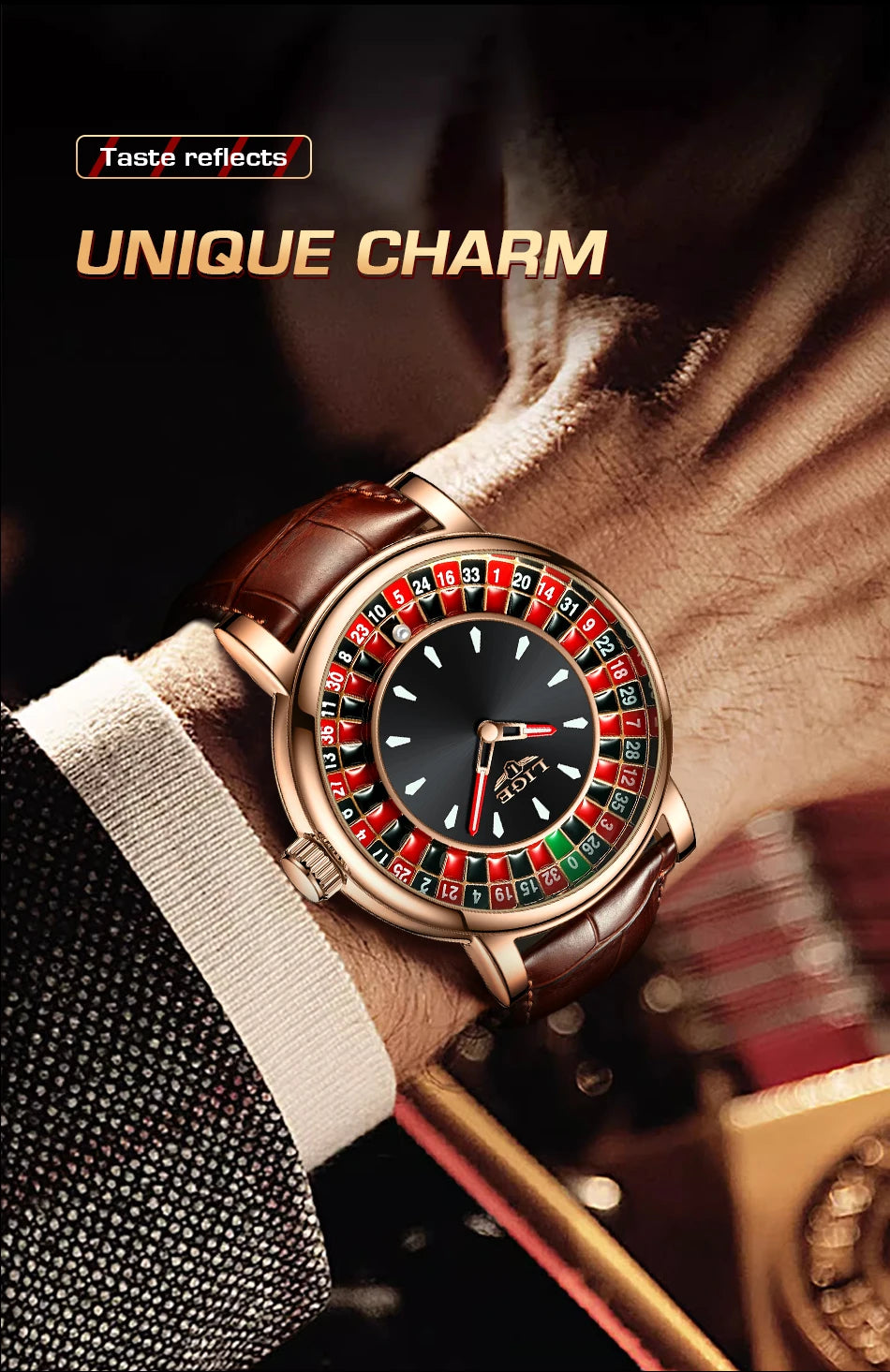 Elegant Men's Casino Wristwatch Roulette Face Watch | Lige Luxury Timepiece Designs