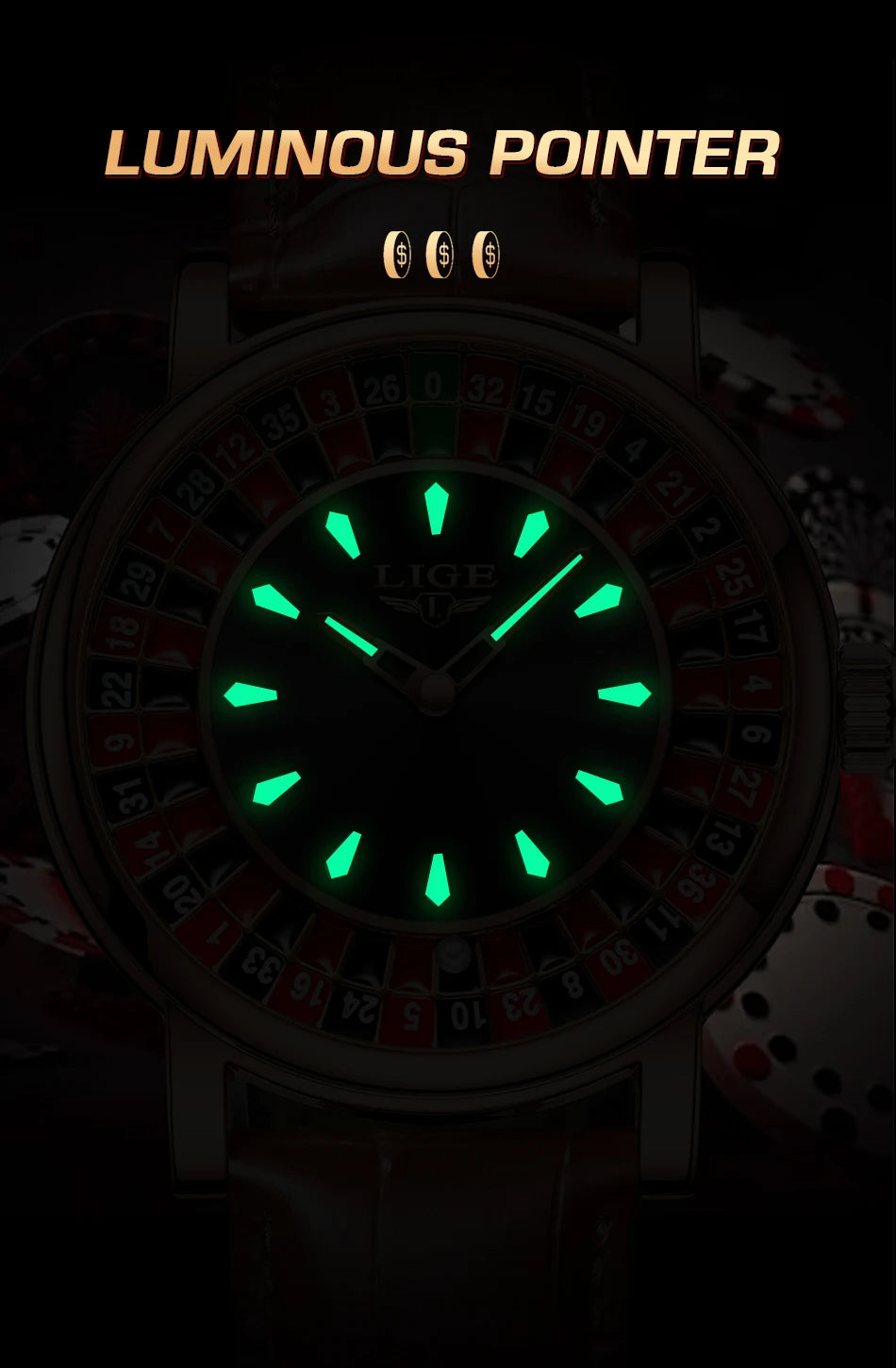 Roulette wheel watch face with glowing green pointers on a dark background, labeled 'Luminous Pointer'.