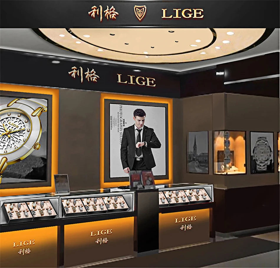 Watch display case with LIGE branding in a showroom setting