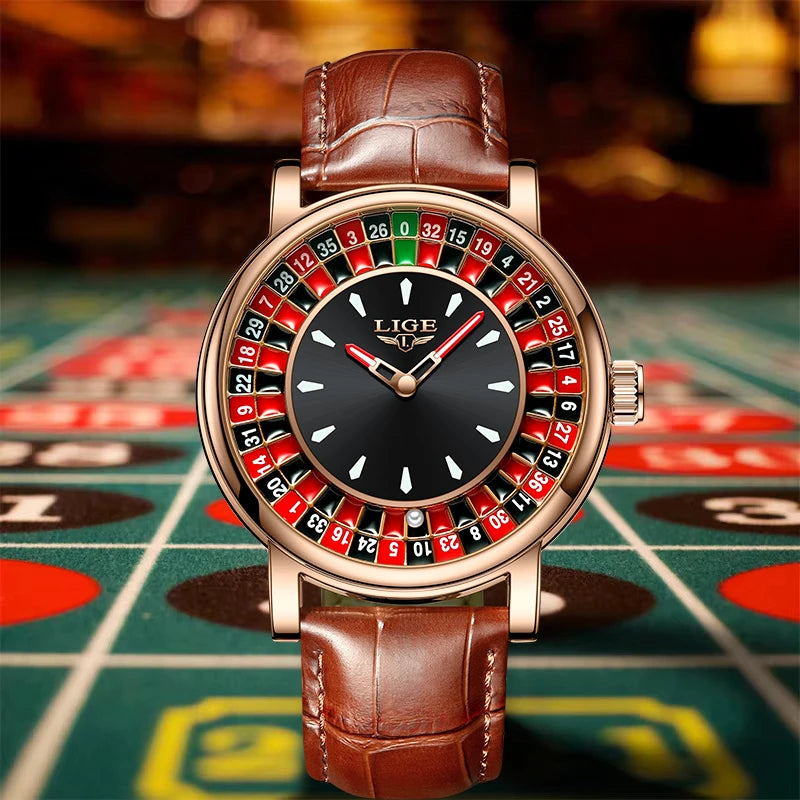 Watch with a roulette design on the dial against a roulette table background