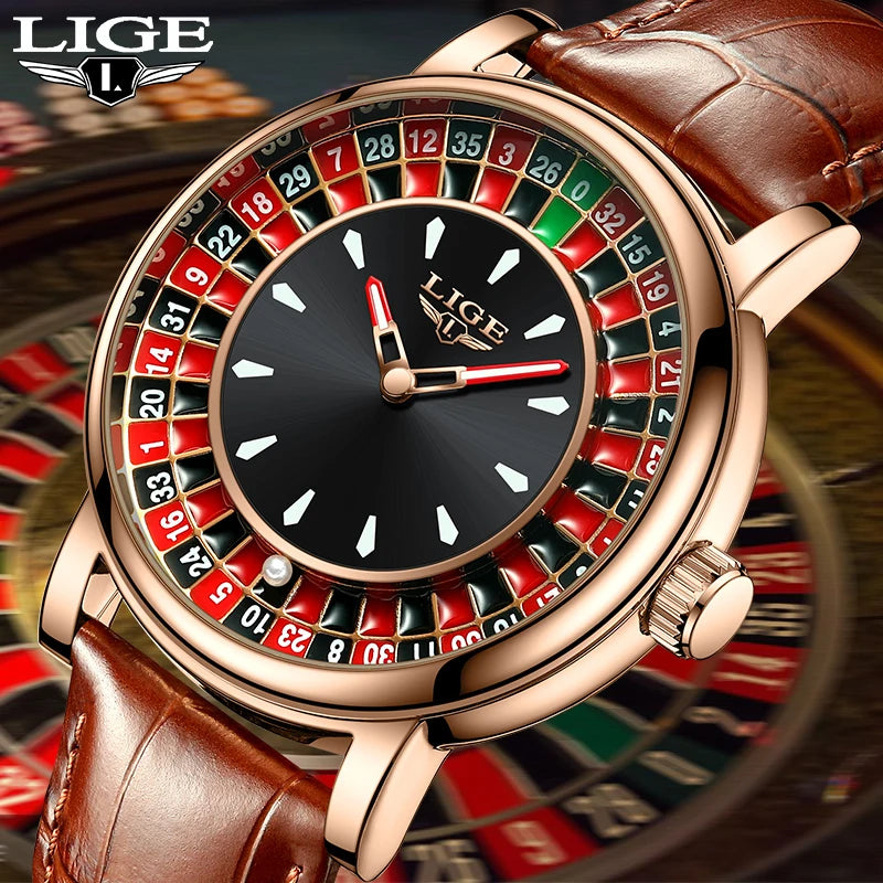 Luxury watch with roulette design and LIGE branding against a blurred roulette wheel background.