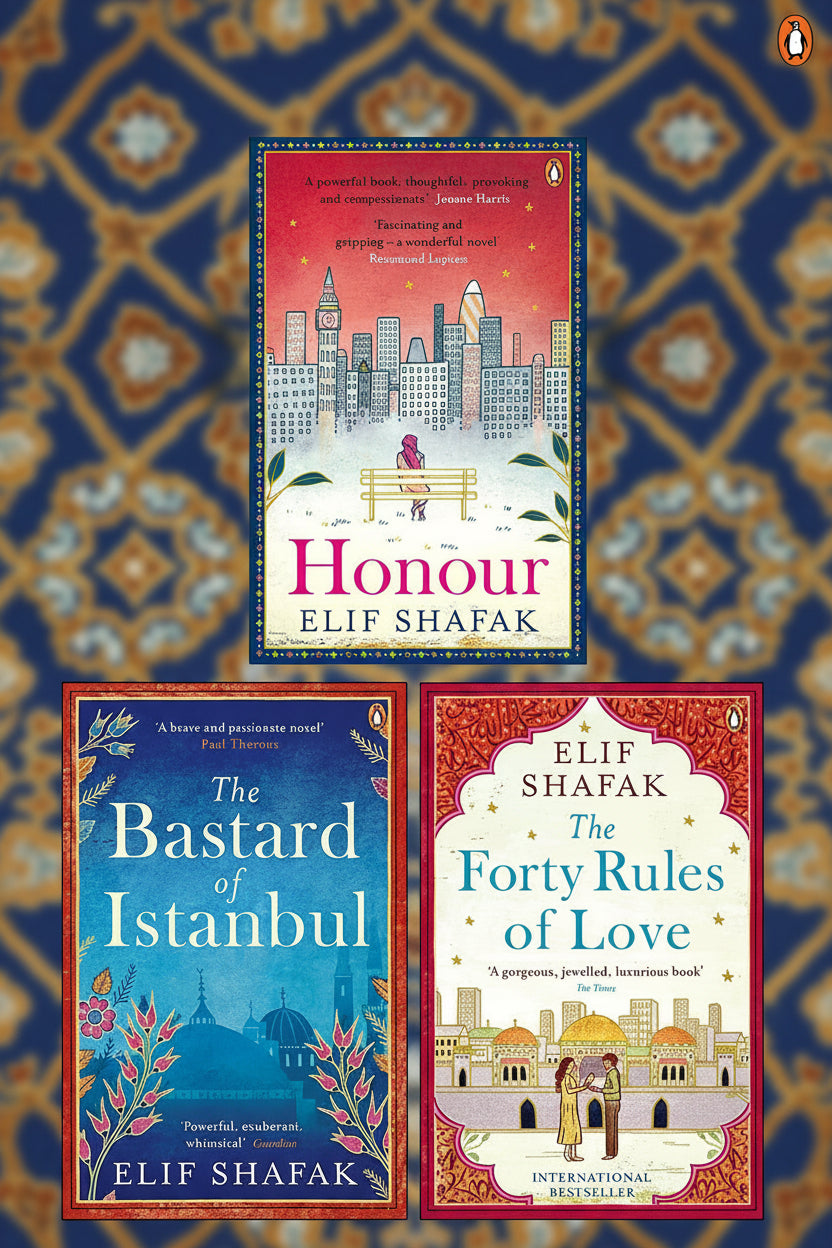 Front book cover display of "Elif Shafak Collection: Three Book Box Set by Elif Shafak [ISBN: 9789124063276]" featuring all three books.