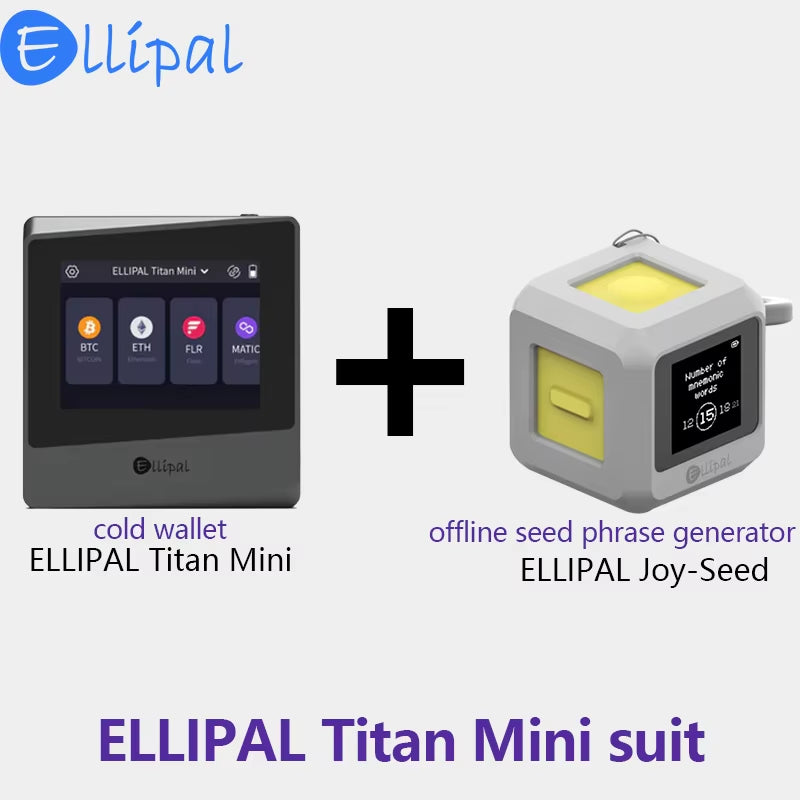 Ellipal Titan Mini Cold Wallet featuring a 100% air-gapped touchscreen interface for secure crypto storage featured next to the Ellipal Joy-Seed, together the Ellipal  Titan Mini Suit
