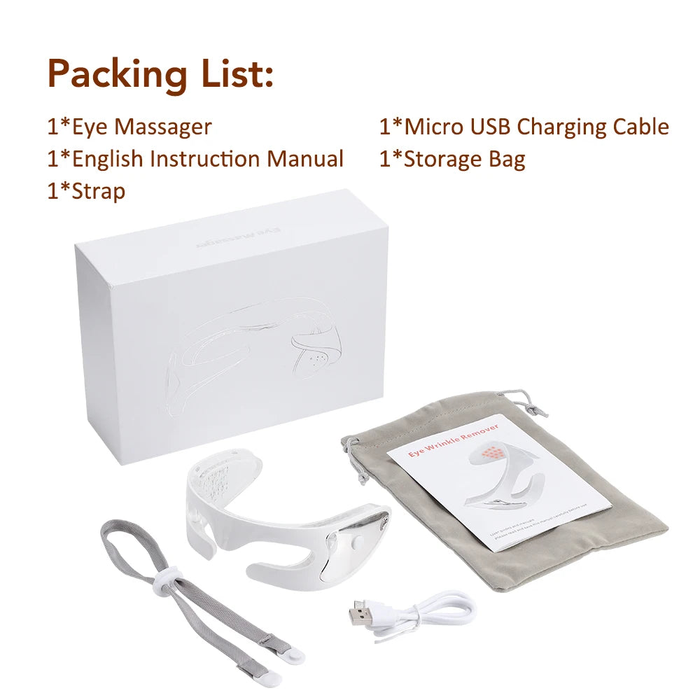 Eye massager red light anti-aging eye mask set with packaging, USB cable, strap, and instruction manual on a white background.