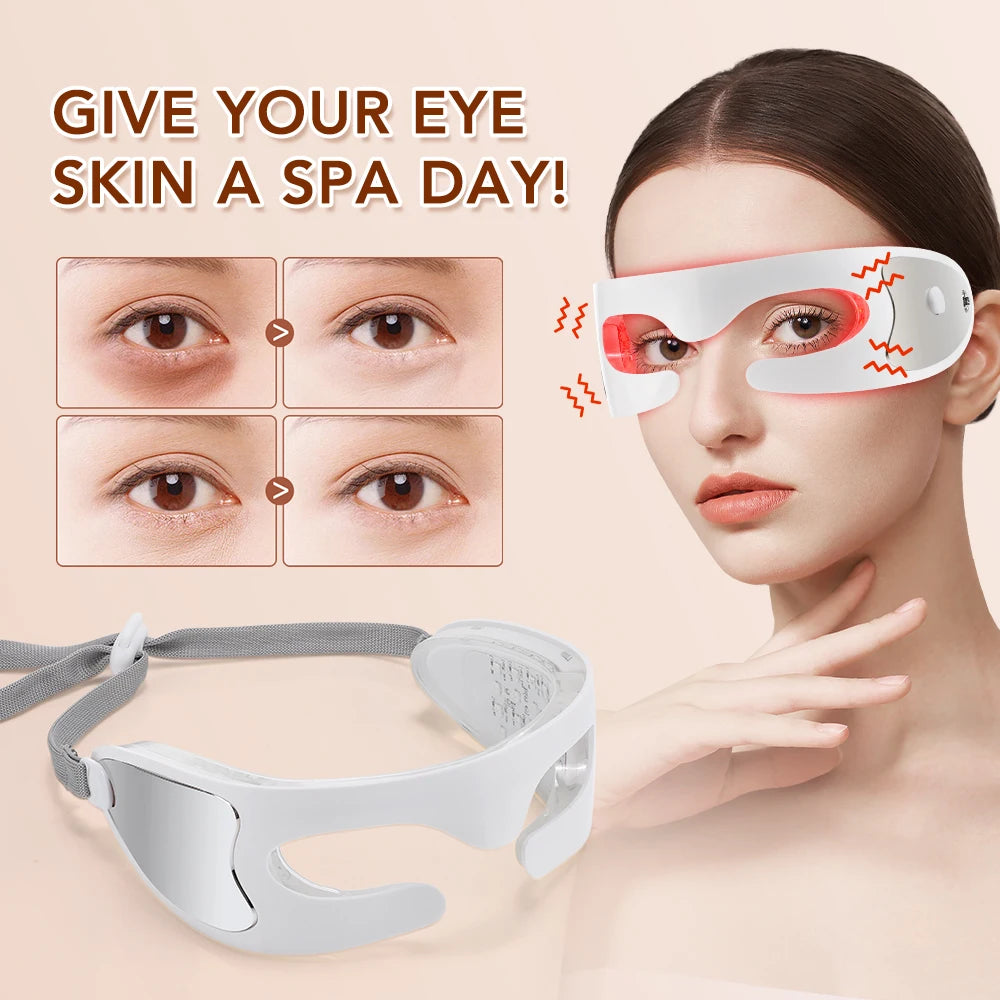 Woman wearing an EMS red light eye massager mask with text 'Give your eye skin a spa day!' on a beige background
