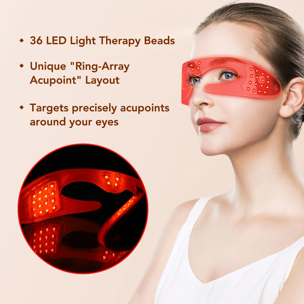 Woman wearing red LED eye mask with text about light therapy beads and acupoint layout.
