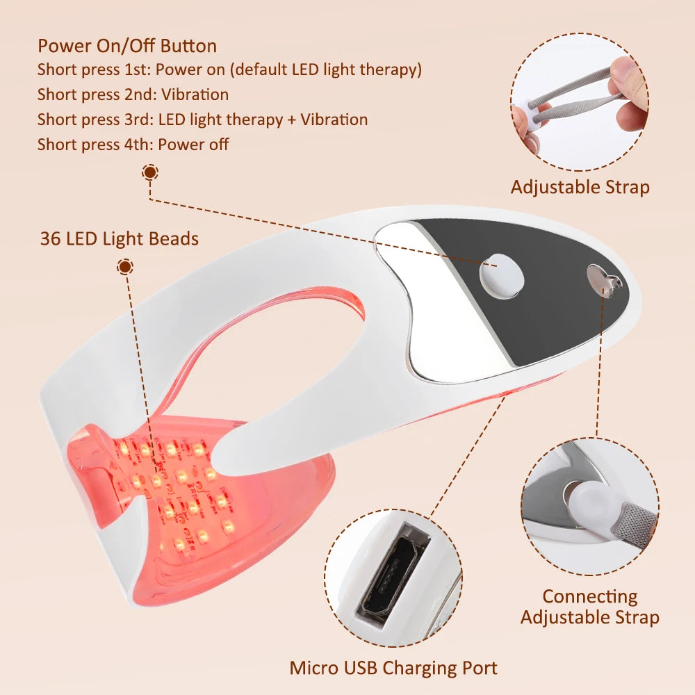 LED light therapy device with labeled parts on a beige background