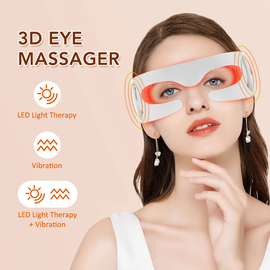 Woman wearing a 3D eye massager with features highlighted on a beige background