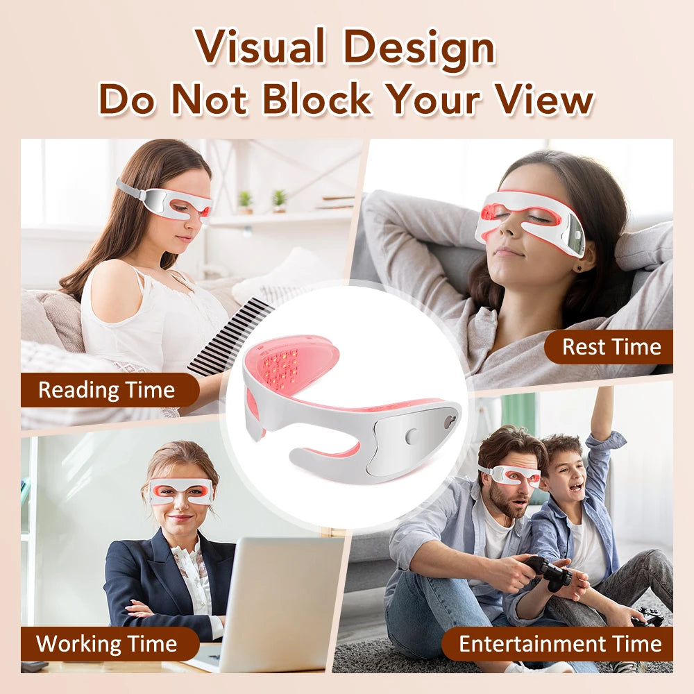 Collage of people wearing eye masks for different activities with text on a beige background.