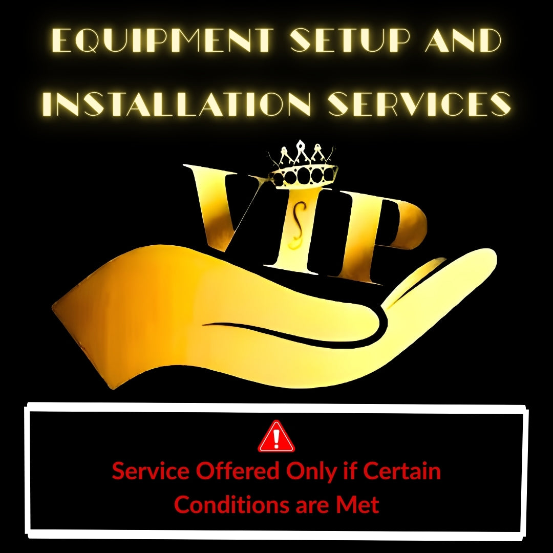 Gold hand holding a 'VIP' sign with text about equipment setup and installation services and disclaimer on a black background.