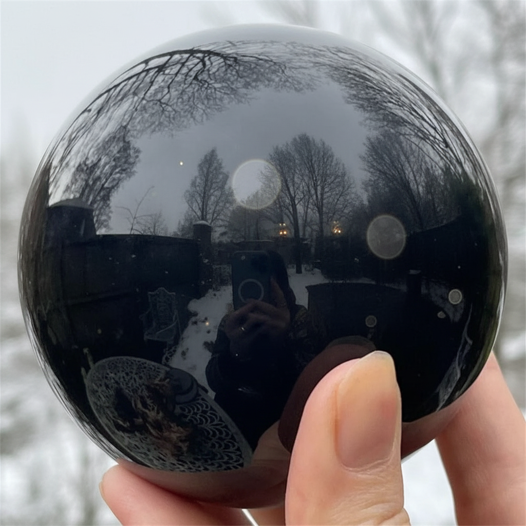 Person holding a reflective black spherical meditation energy ball with a blurred outdoor background