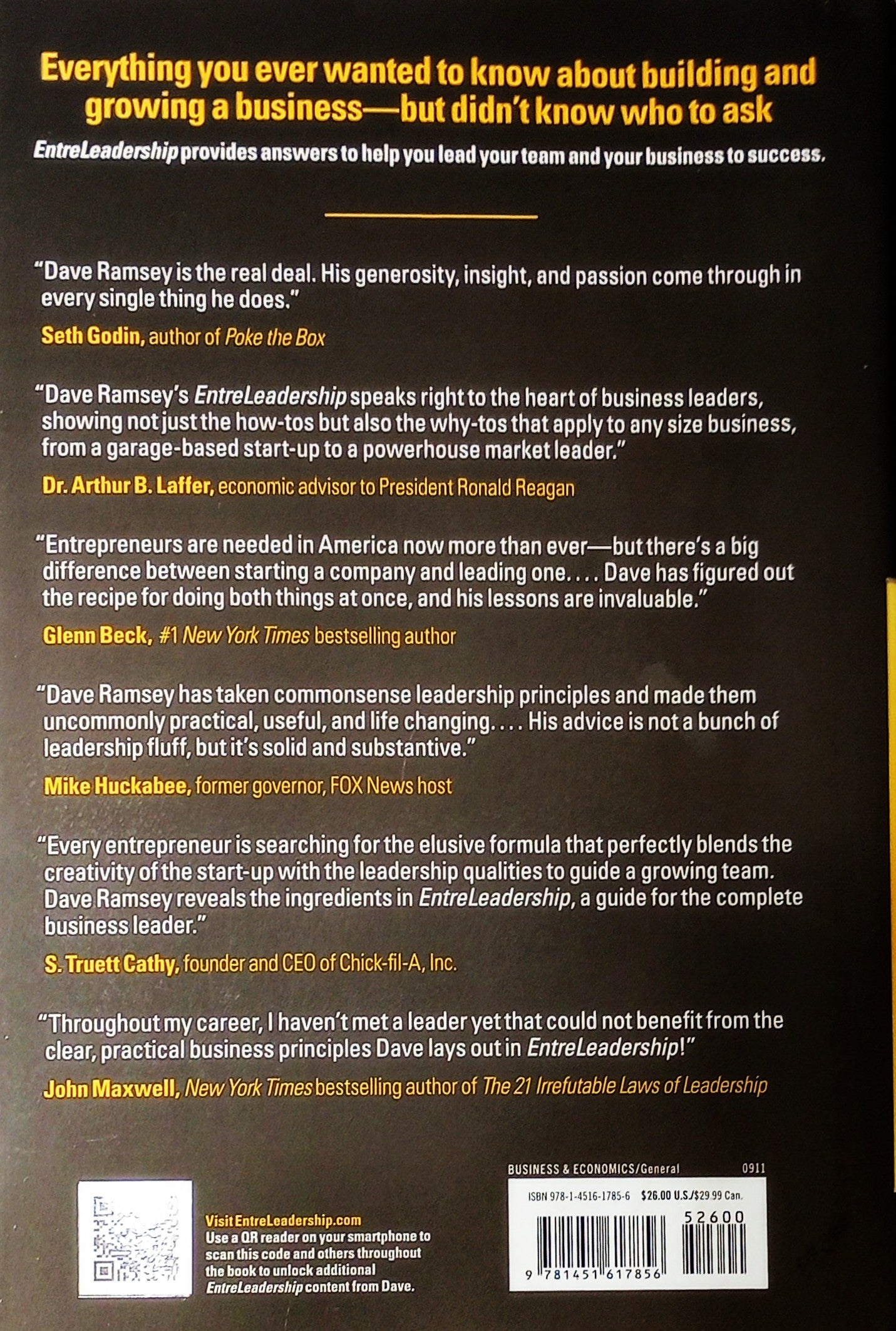 Back cover of a book with text praising Dave Ramsey's 'EntreLeadership' on a black background.