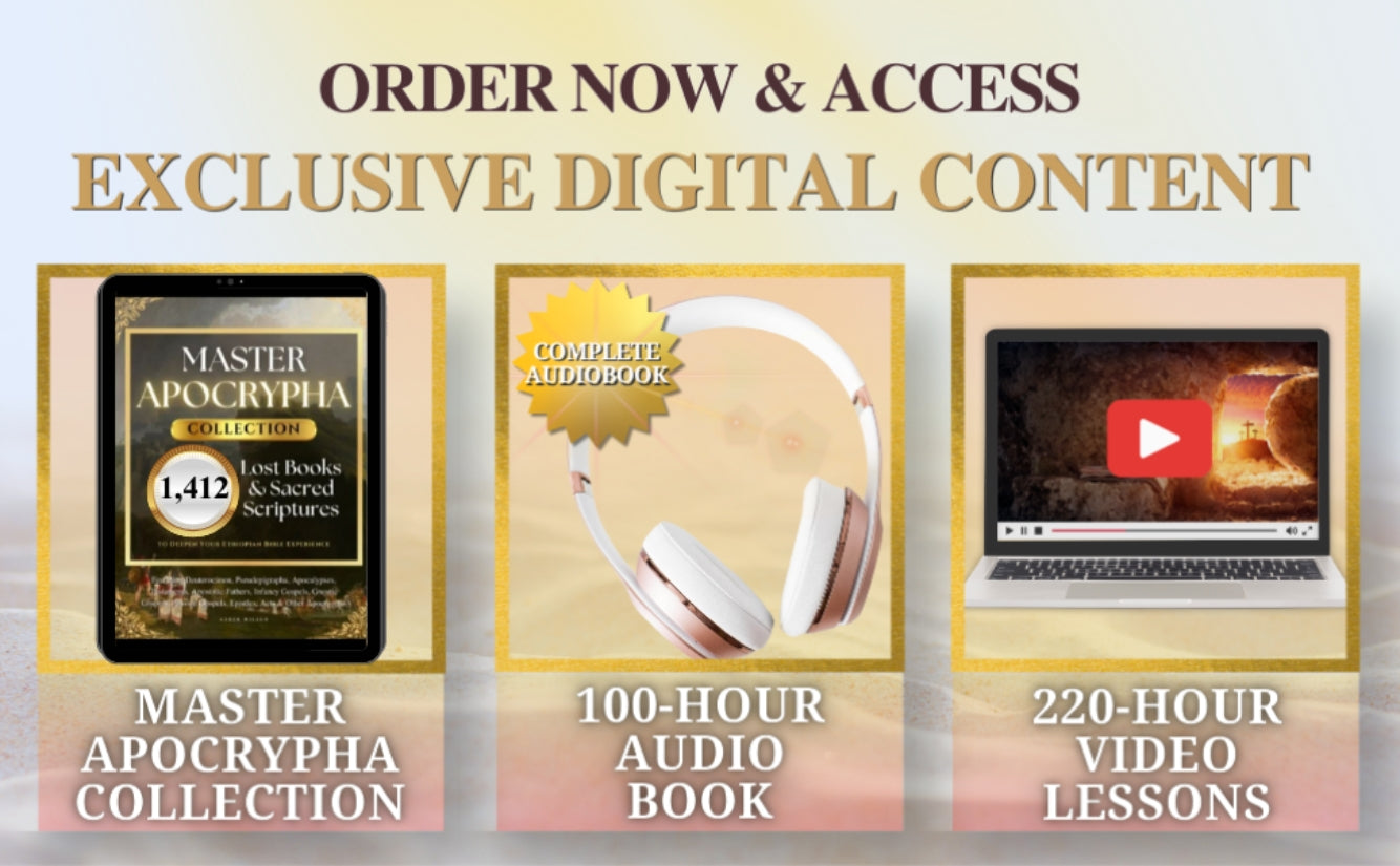 Promotional graphic for digital content with 'Master Apocrypha Collection', '100-Hour Audio Book', and '220-Hour Video Lessons' on a gradient background.