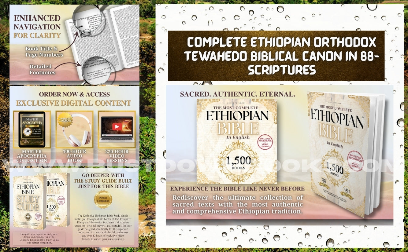 Advertisement for the Complete Ethiopian Orthodox Tewahedo Biblical Canon with text and images of books.