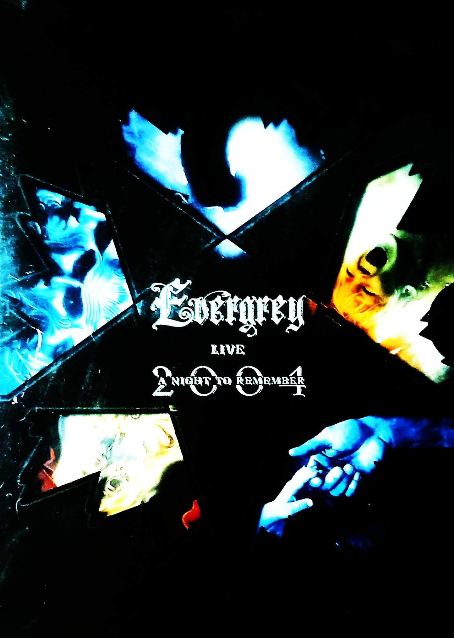 Album cover for Evergrey's 'Live 2004 A Night to Remember' DVD and Album with abstract design and text.