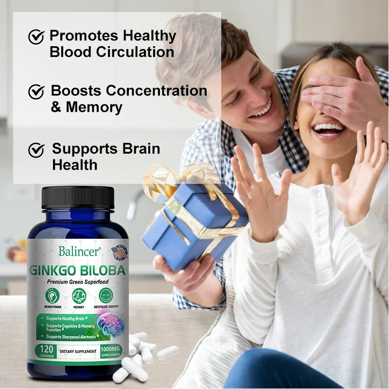 Bottle of Ginkgo Biloba supplement with a couple in the background and benefits listed.