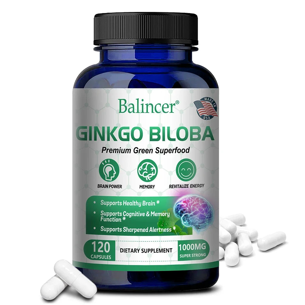 Ginkgo Biloba supplement bottle with capsules on a white background
