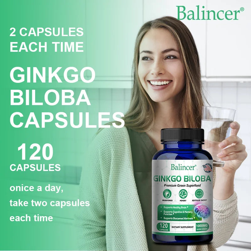 Woman holding a bottle of Balincer Ginkgo Biloba capsules with text on a green background