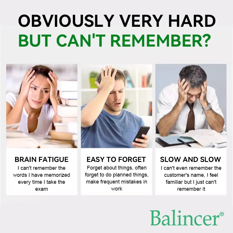 Three people experiencing memory issues with text describing different types of memory problems and a brand name 'Balincer brand' at the bottom.