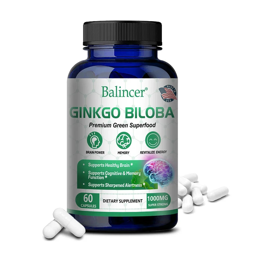Bottle of Balincer Ginkgo Biloba supplement with capsules on a white background