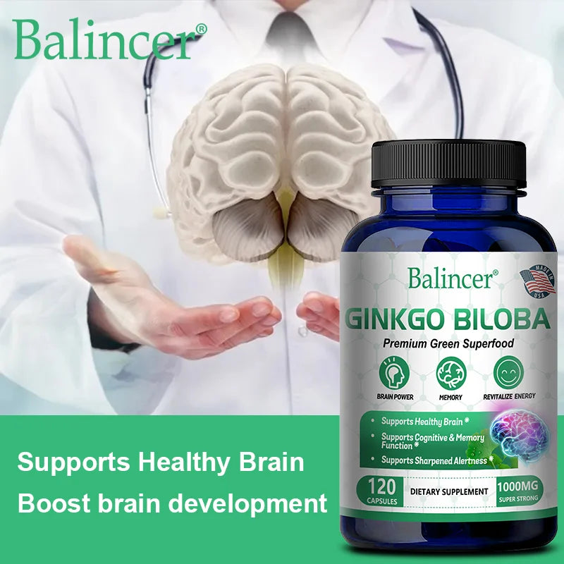 Balincer Ginkgo Biloba supplement bottle with a doctor holding a brain model in the background