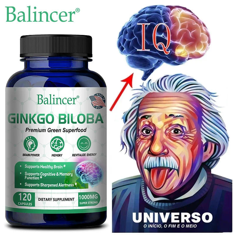 Ginkgo Biloba supplement bottle with a colorful brain illustration and Einstein graphic on a white background.